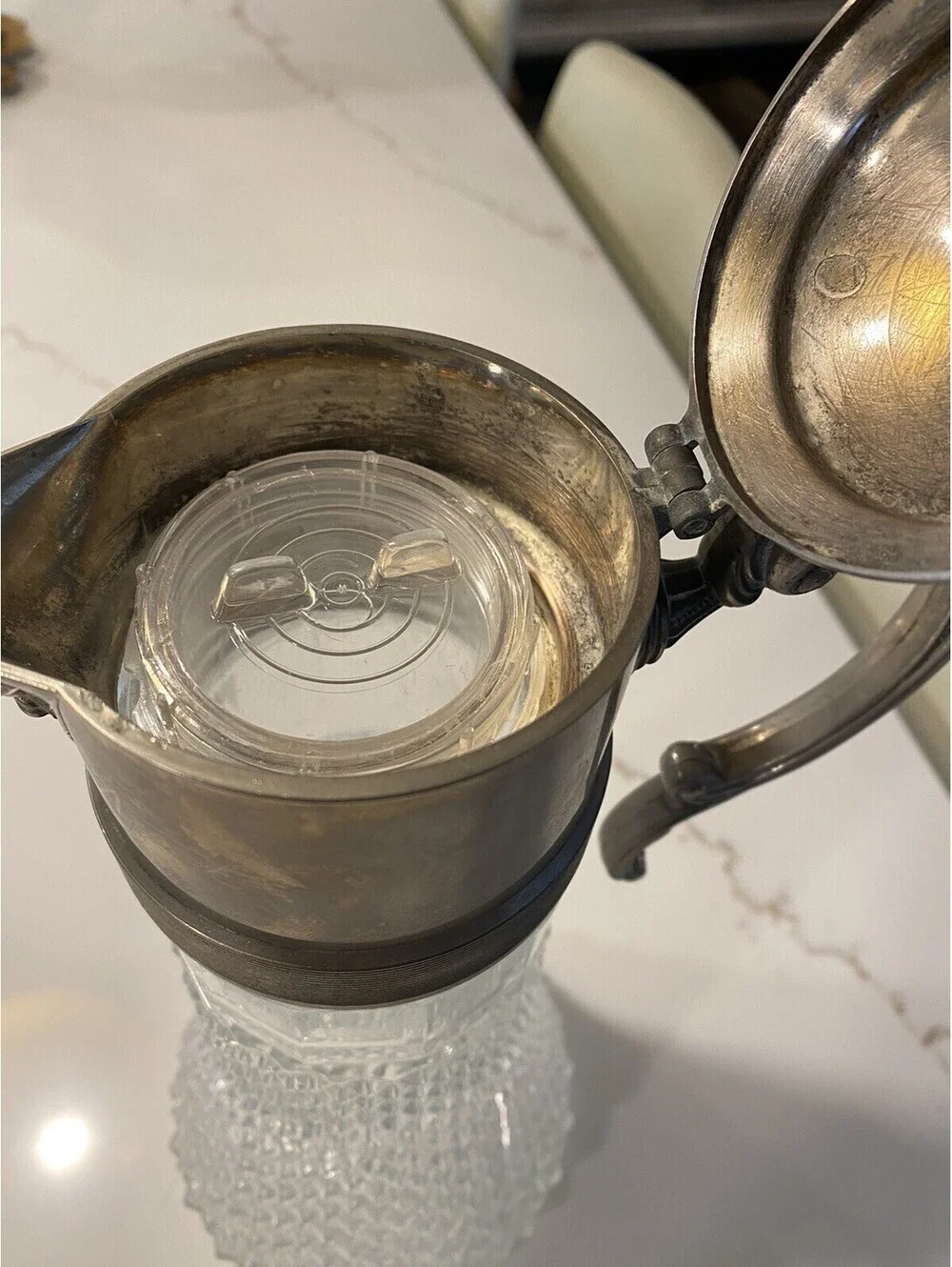 Vintage Large Diamond Point Glass Silver Plated Top Decanter Pitcher Ice Tube